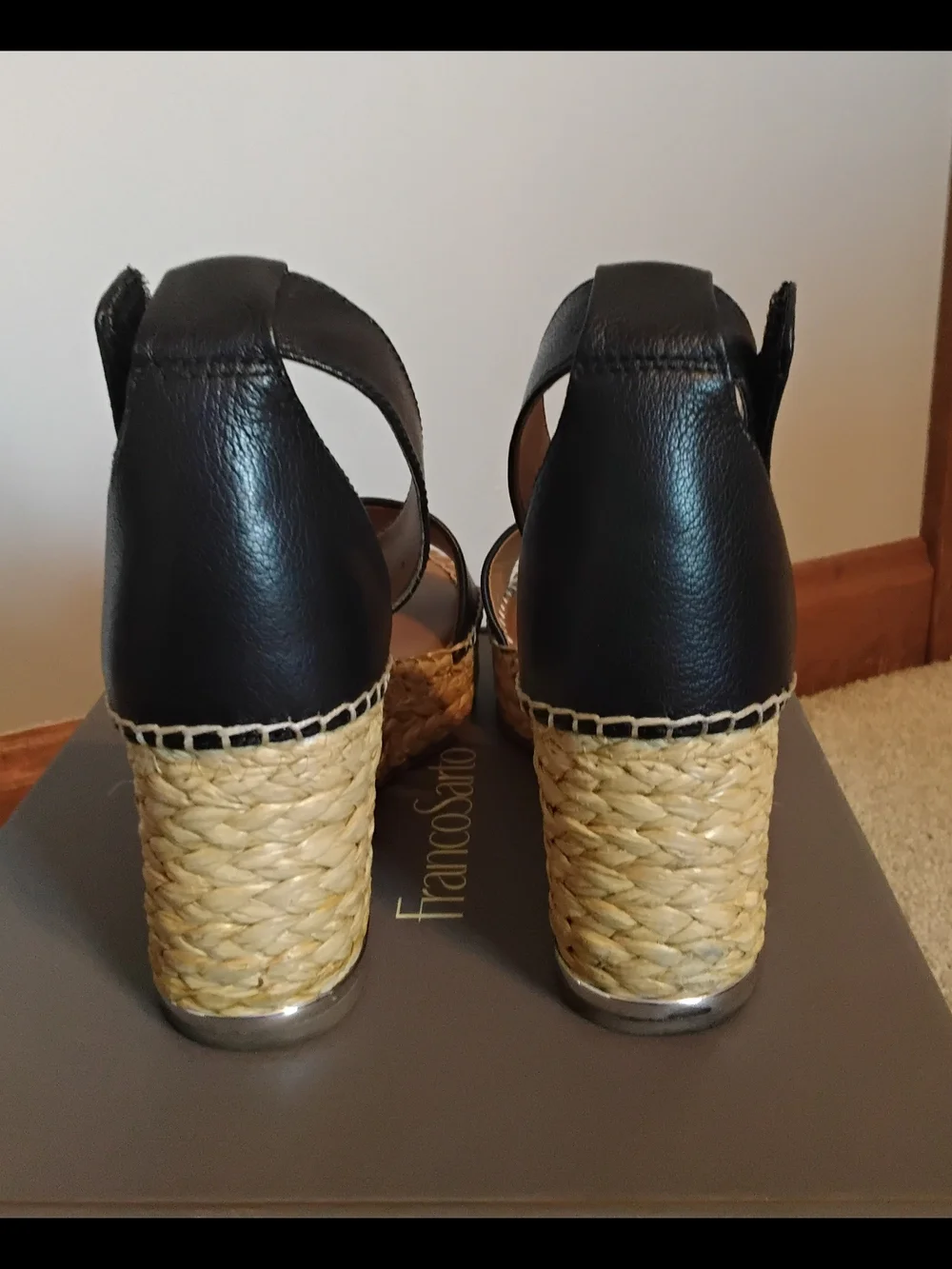 Franco Sarto Black Leather Espadrille Wedge Sandals with Ankle Strap, Size 9